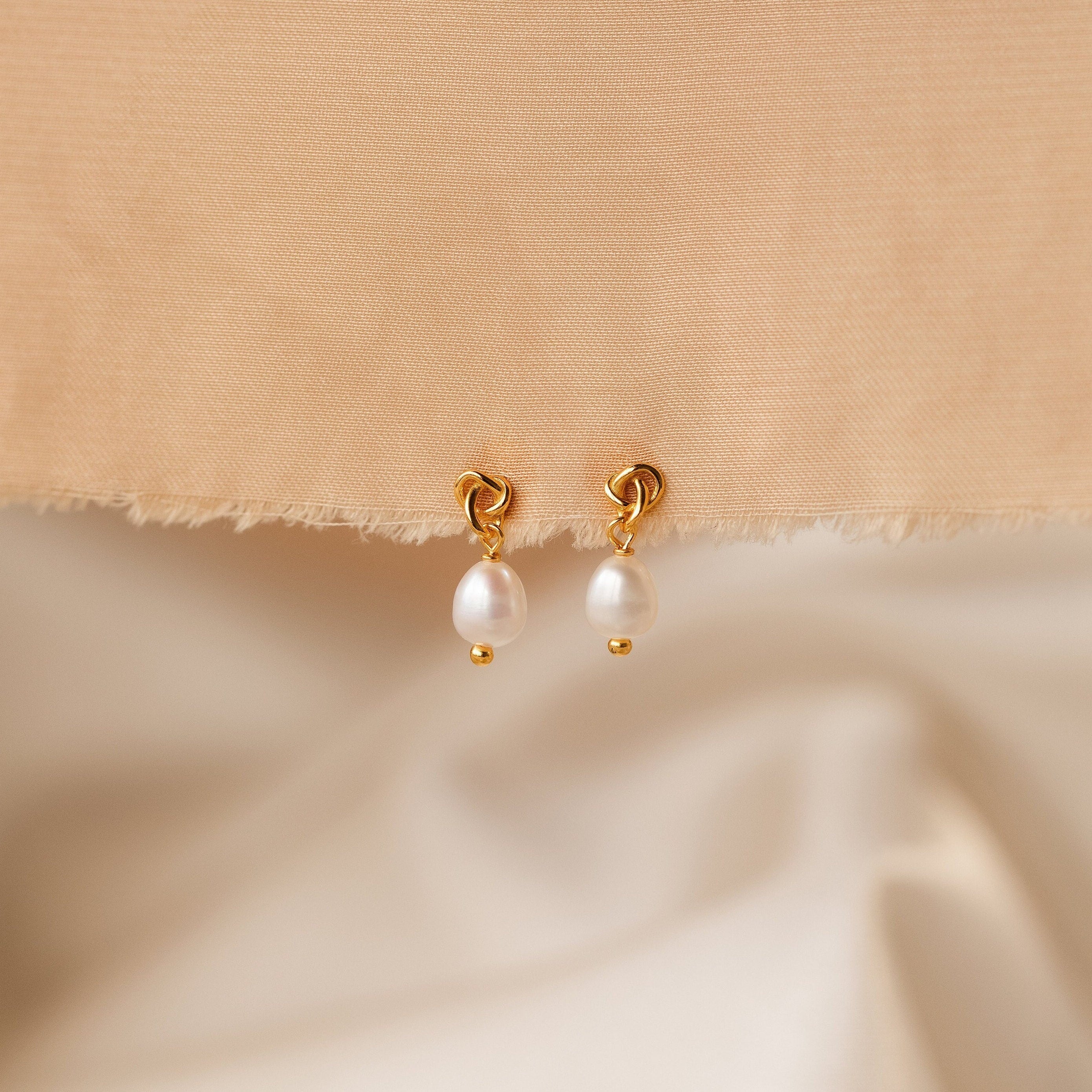 Dainty Knot Pearl Earrings 18K Gold